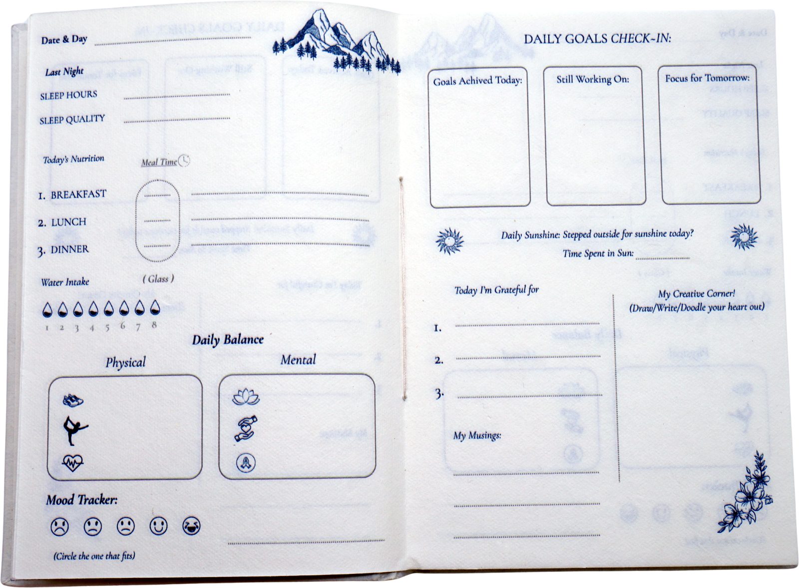 A daily check-in spread with sections for sleep, nutrition, water, daily balance, mood, goals, sunshine and gratitude
